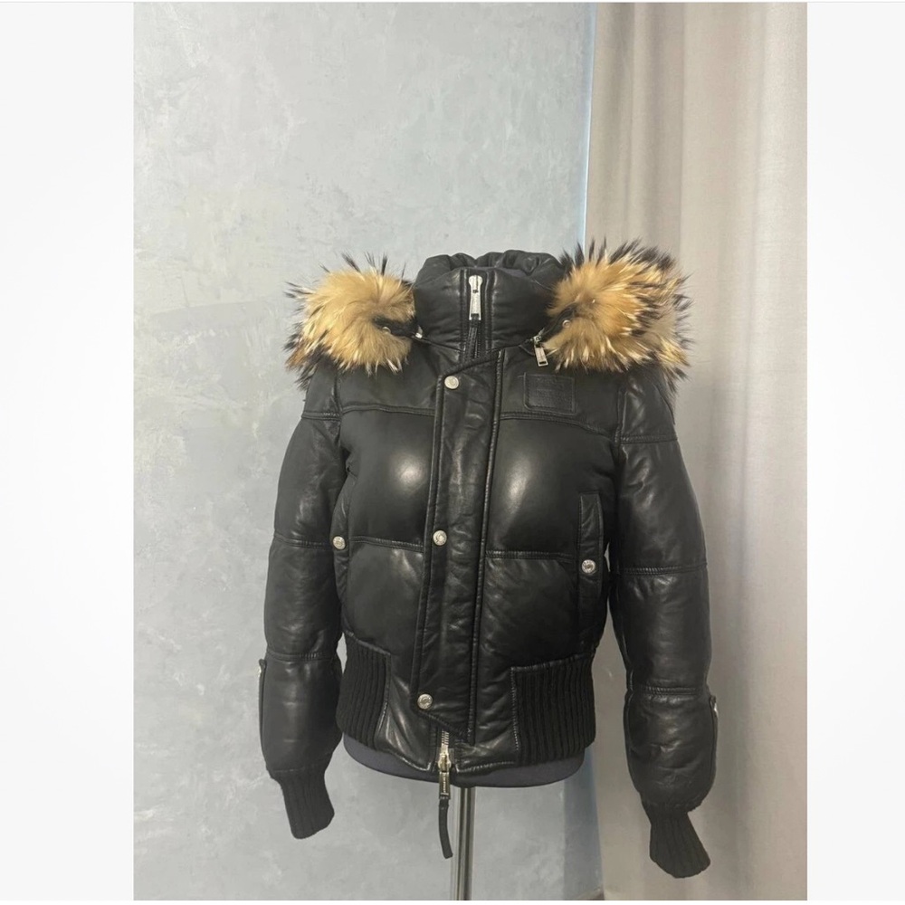 Rare leather puffer coat real fur hood